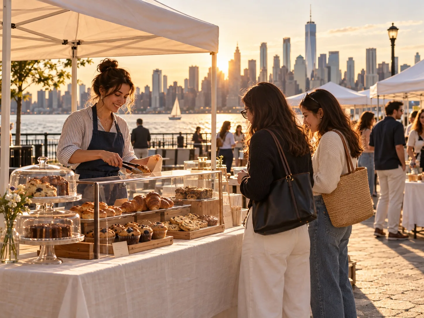 Bakery booth featuring pastries and muffins protected by clear display covers