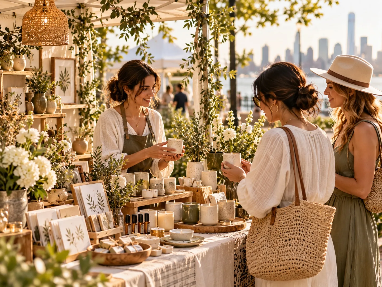 Maker showing handmade products at a white-tent market booth