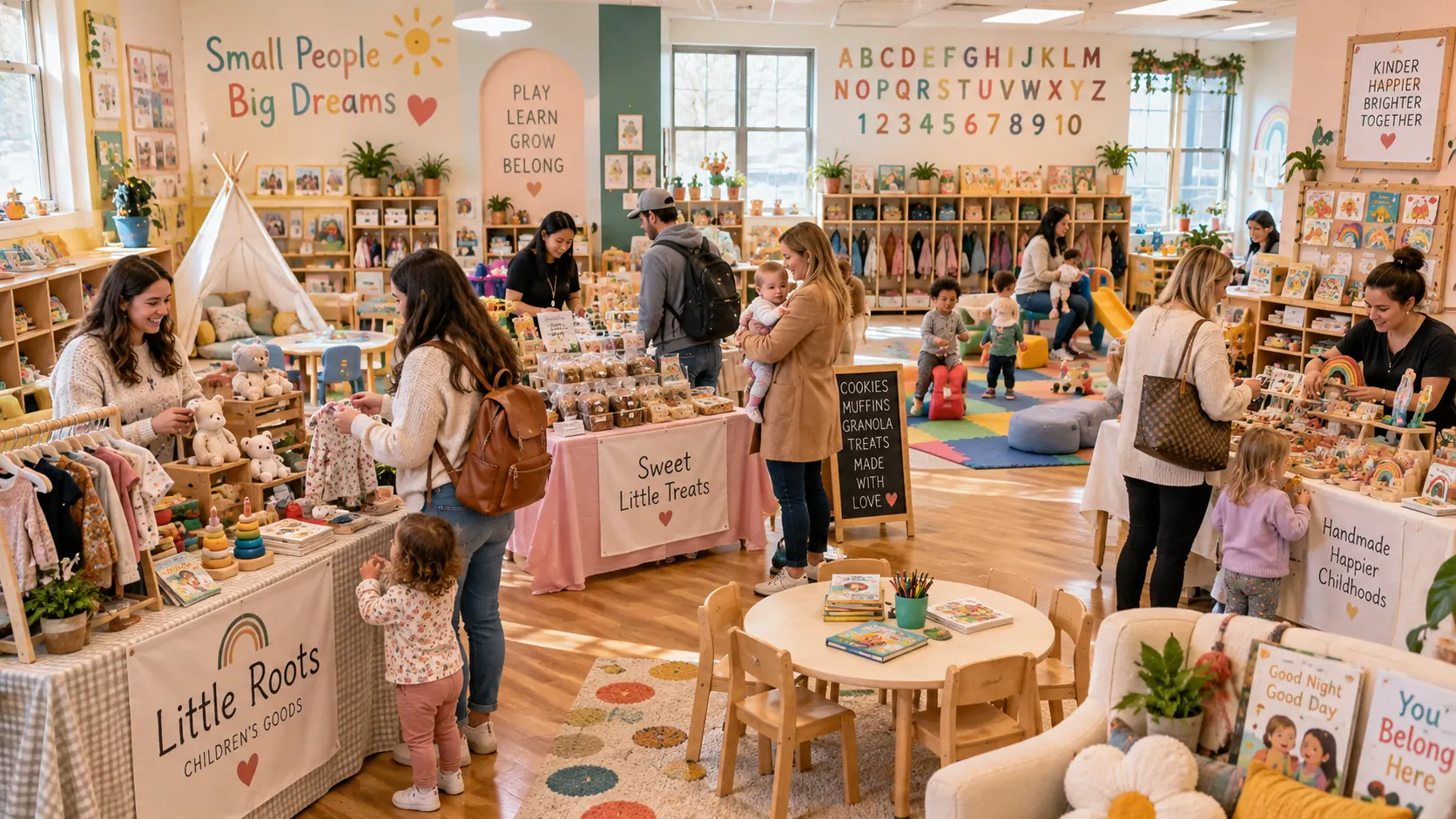 A family market inside a daycare room with low children's tables, play mats, toddler toys, and parents browsing small vendor displays