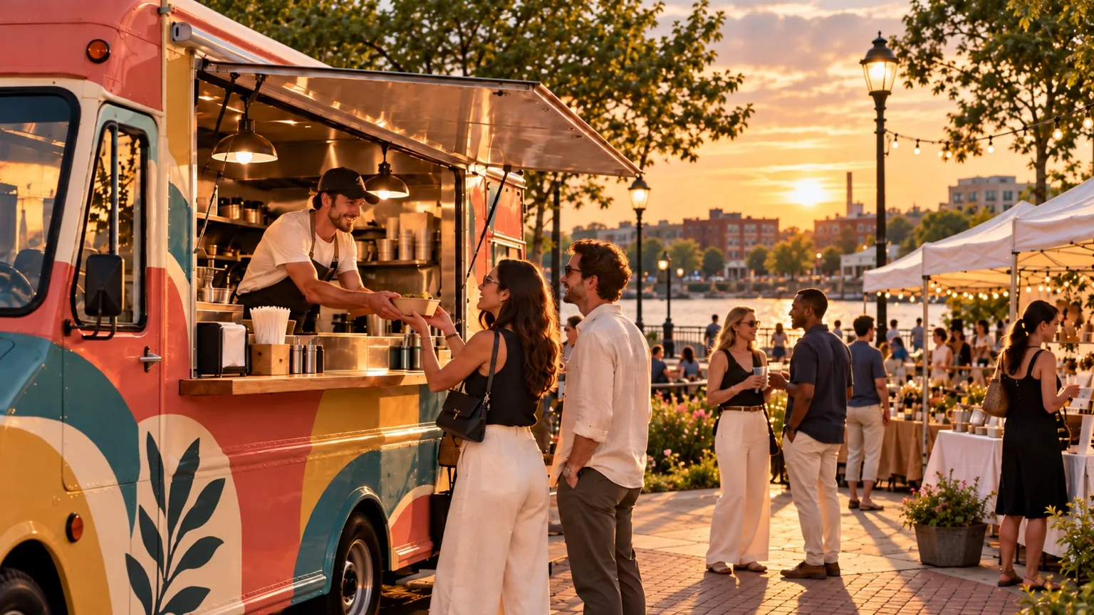 Colorful food truck serving an order beside white market tents at a New Jersey community plaza