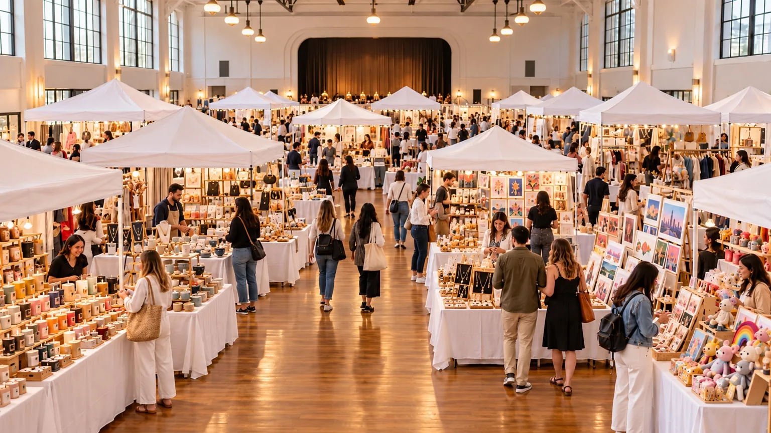 Indoor market in a spacious event hall, with rows of white canopies and colorful merchandise