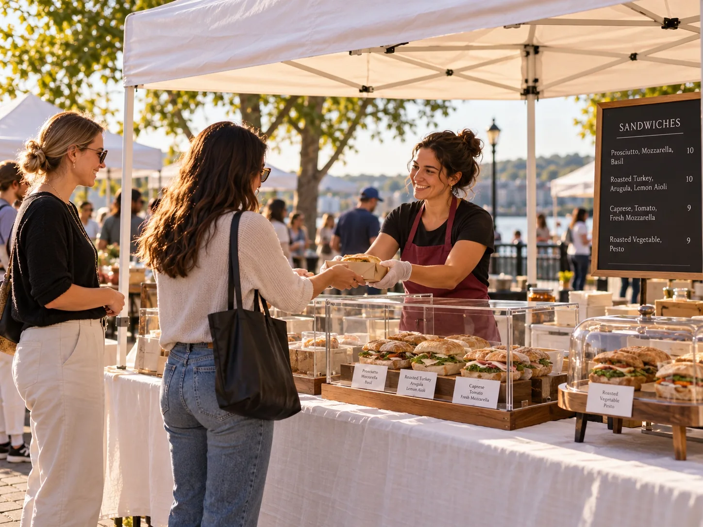 Sandwich vendor serving guests beside covered sandwich display cases under a white canopy
