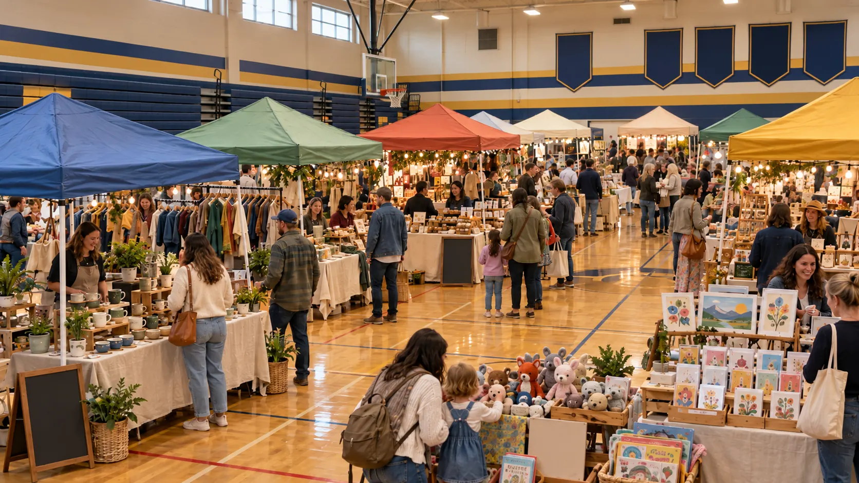 Indoor school-gym market with colorful canopy tents, craft vendors, families, and children; no school names or logos