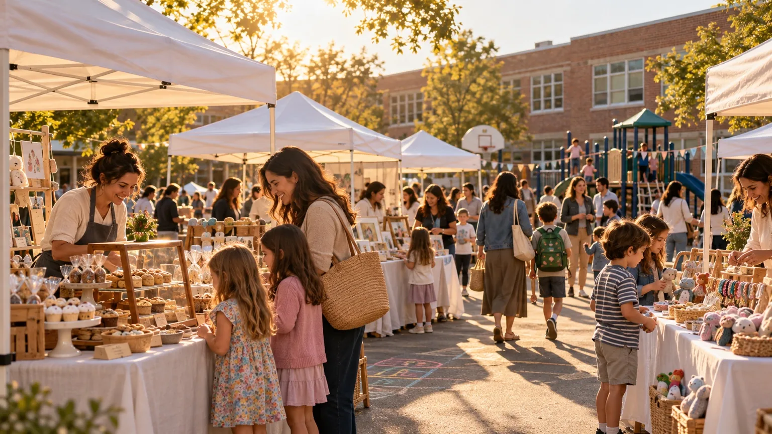 Families browsing handmade gifts, toys, and protected baked goods during a market outside a school